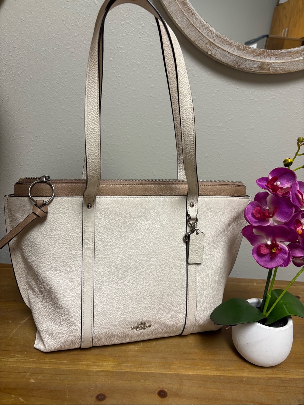 Coach Cream Tote with Taupe Trim and Dual Straps